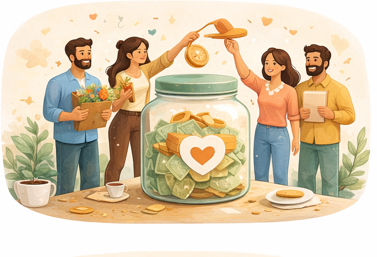 Illustration of people contributing together to a shared giving pot.